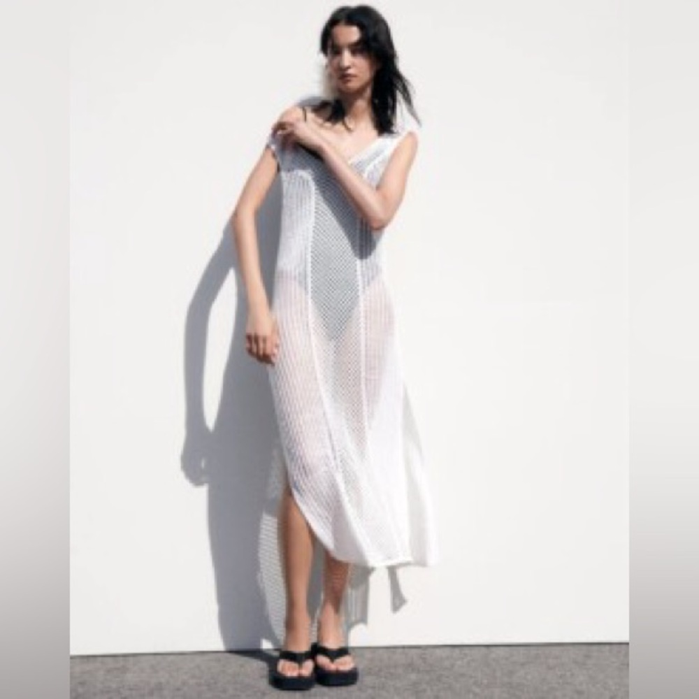 ZARA MESH TUNIC DRESS OYSTER WHITE